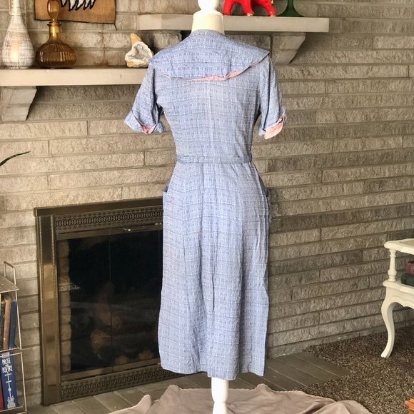 Vintage 1970s Handmade Belted Pink & Blue Pocket Dress - Picture 7 of 8